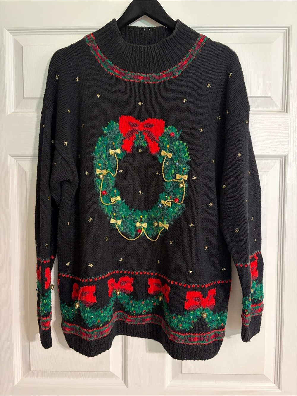 VTG 1994 Marisa Christina Wreath Ugly Christmas Sweater 3D Bells Gold Bows
